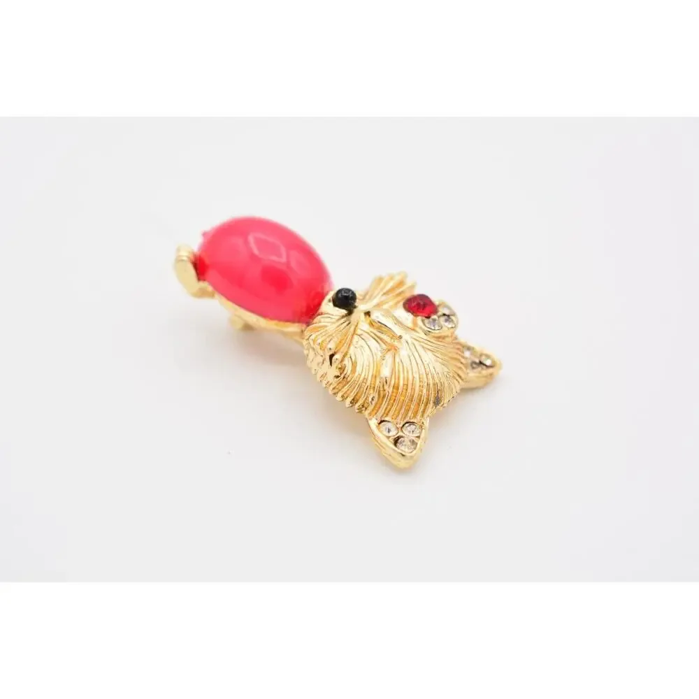 Vintage Winking Cat Pin Brooch Kissy Face Cabochon Crystal Gold 1980s BinATa